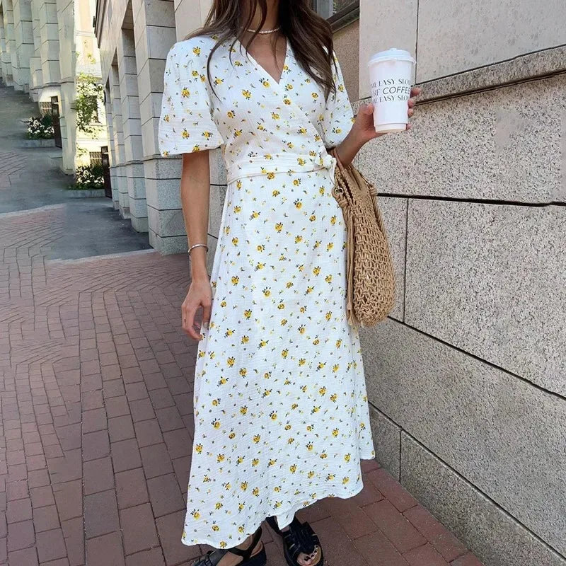Talenza Casual Women's Summer Dress Elegant V Neck Floral Print A Line Midi Dress Side Slit Long Elegant White Dress Women 2025