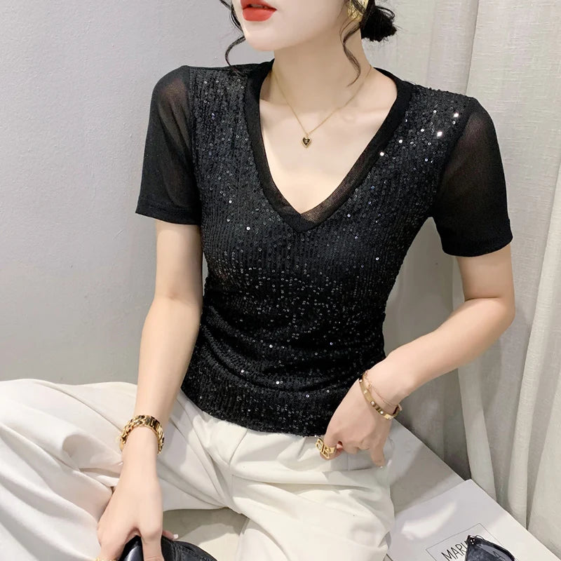 Sexy V-Ne T-irt Women's ort Sve Slim Fit Me Splice Sequin Top Faionable Summer Wear Commute Sle Korean Version