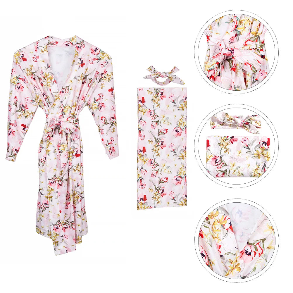 3 Pcs Maternity Parent Child Clothing Pregnancy Sleepwear Cotton Nursing Robe Baby Blanket Headband Set Fashion Print Loose Fit