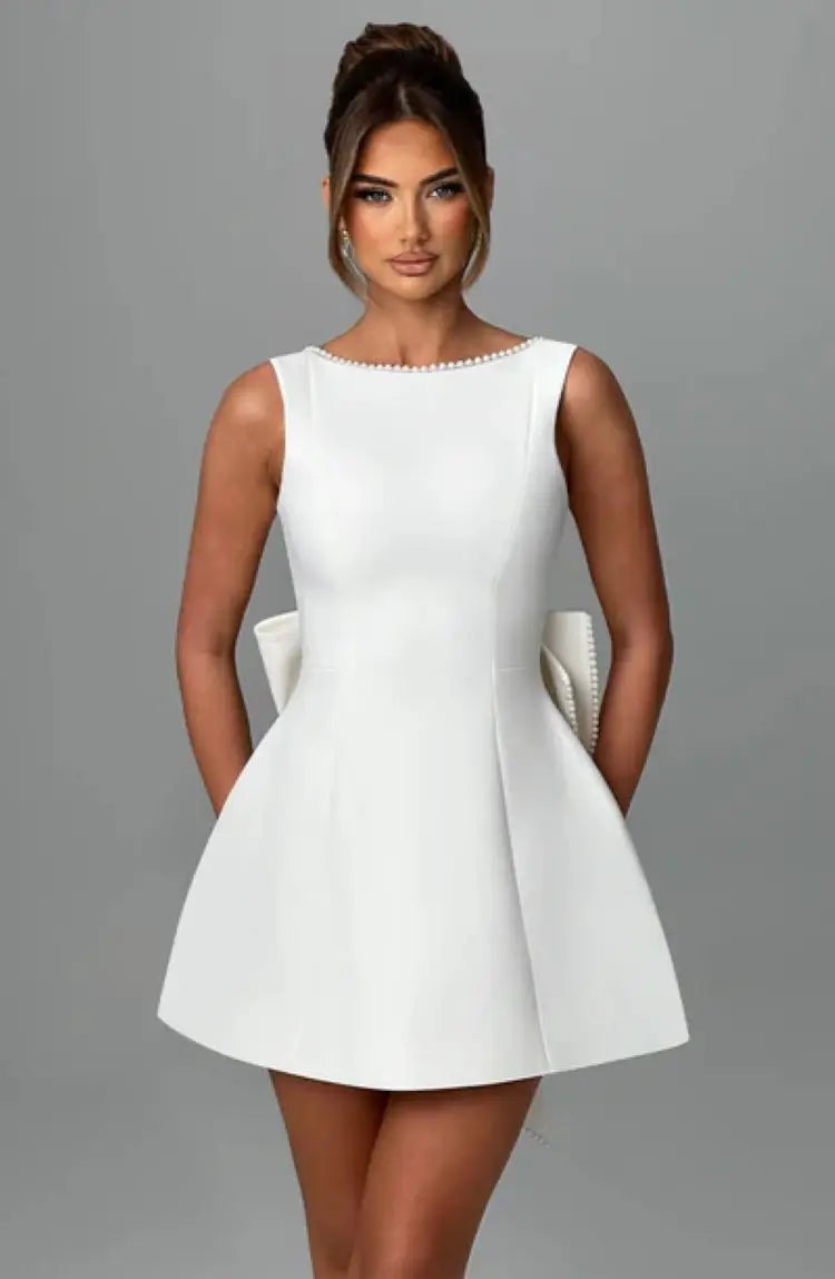 Elegant Pearl Bow Backless Sexy Mini Dress Women's Luxury Party Short Dresses White Black Pink Birthday Evening Wedding Summer
