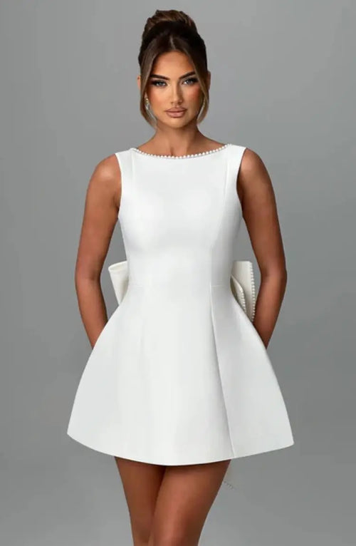 Elegant Pearl Bow Backless Sexy Mini Dress Women's Luxury Party Short Dresses White Black Pink Birthday Evening Wedding Summer