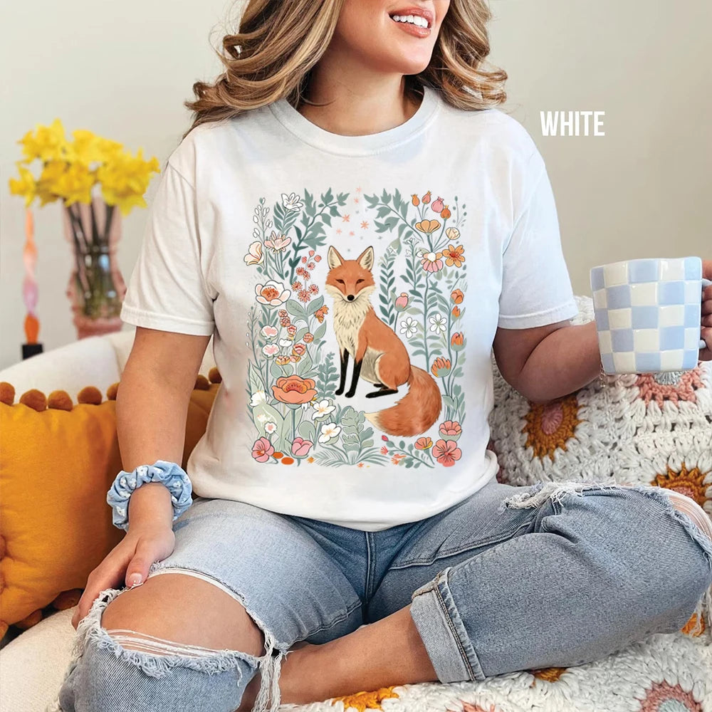 Woodland Lover Gift for Her Cute Flower Fox Shirt Vintage Floral Cottagecore Unisex Tee Funny Apparel Trendy Casual Streetwear