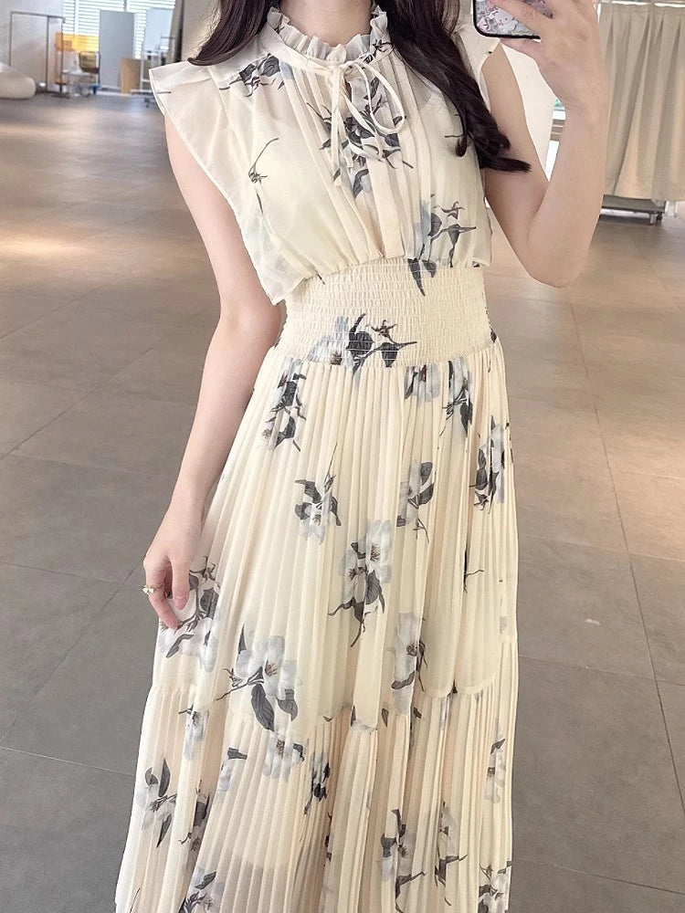 Kuzuwata Cute Stand Collar High Waist Print Mujer Flying Sleeve Lace Up Pleated Ruched Dress Japan Slim Waist Elegant Femme Robe