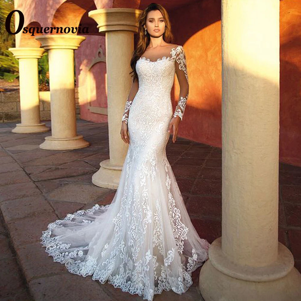 Osquernovia Elegant Mermaid Wedding Dress Full Sleeves Sweetheart Button Vestidos De Novia Lace Tulle Appliques Robe De Mariee