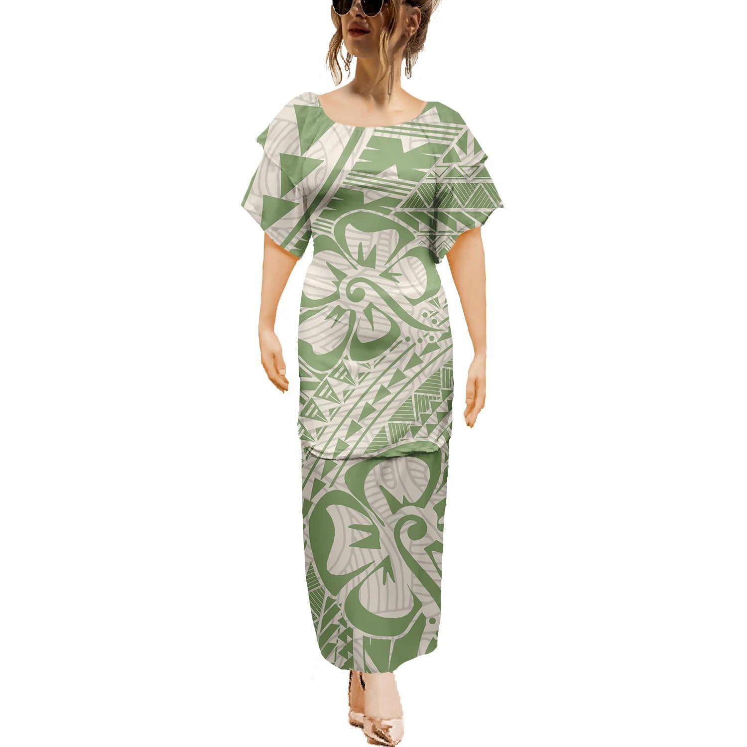 Island Maxi Dress Clothes Dresses Samoan Puletasi Crewneck Casual 2pcs Polynesian Plus Size Short Sleeve Dress
