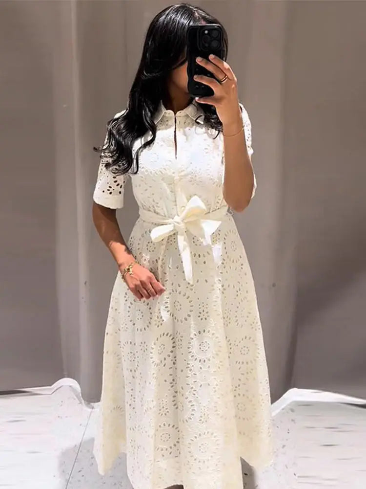 Embroidery Hollow Out Belt Long Dresses Women Vintage Lapel Half Sleeve Single Breasted Slim Dress Elegant Office Lady Partywear