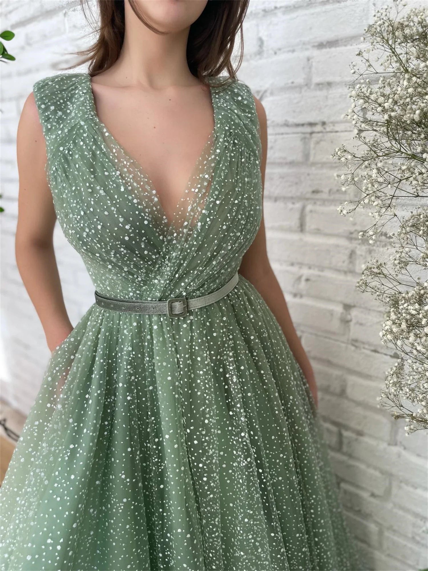 Lorrtta  Green Formal Prom Dresses Dot V-Neck A-Line Cap Sleeves Belt Evening Dress Dubia Occasional Party Gowns Customized