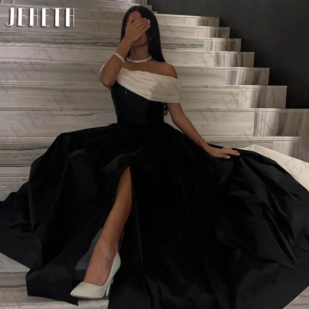 JEHETH Black Evening Dresses Woman Elegant Satin Split Prom Dress Off Shoulder A Line Formal Event Gowns Customized فساتين سهرة