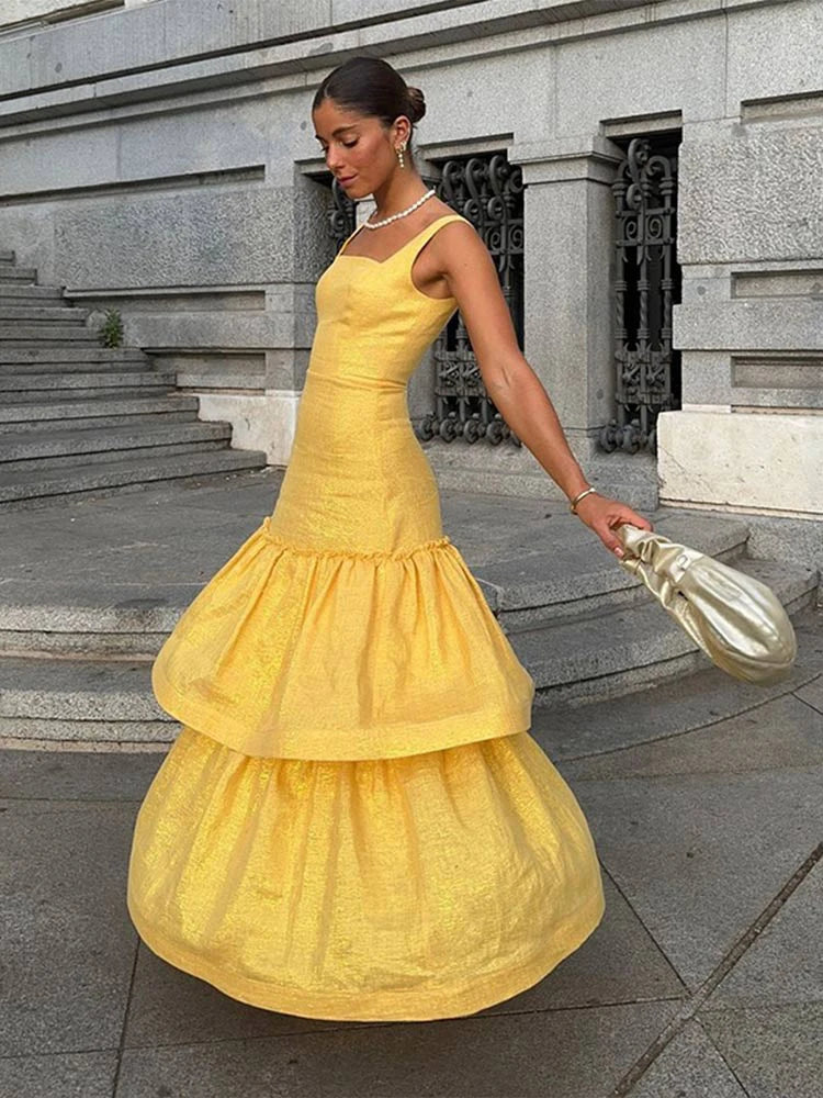 Elegant Ruffles Shiny Dress Women Square Neck A Line Solid Sleeveless Robe Female 2024 Summer Fashion Party Evening Dresses Lady