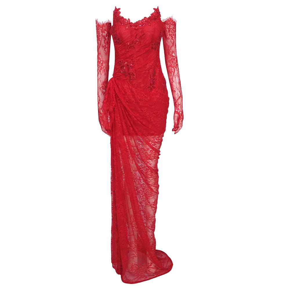 VC Black Lace Maxi Dress Women Sexy Strapless Long Sleeve Gloves Design High Split Party Dresses Gowns