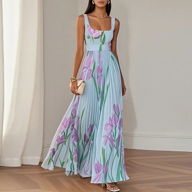 Summer Square Collar Floral Print Fold Dress Womens Sexy High Waist Sling Long Dresses Summer Off Shoulder Hollow Boho Dresses