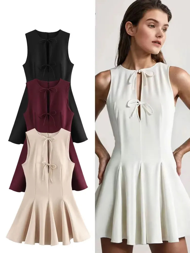 HH Female Elegant Mini Dresses For 2025 Spring Round Neck Wavy Wide Hem Bow Decorated Sleeveless Solid Vintage Trendy Dress