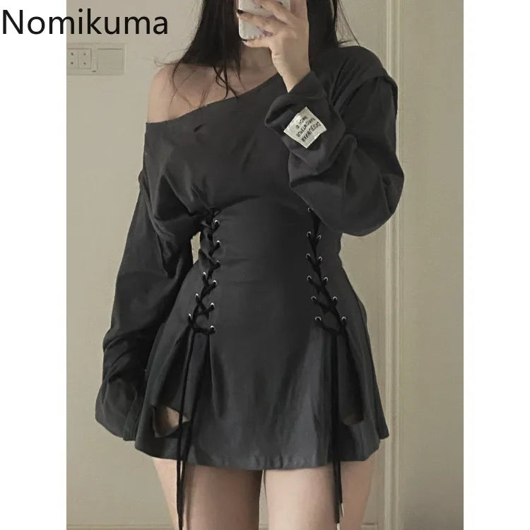 Oversized Woman Dress Slim Waist Bandage Robe Vestido Femme Long Sleeve A-line Off Shoulder Mini Dresses 2025 Vestidos De Mujer