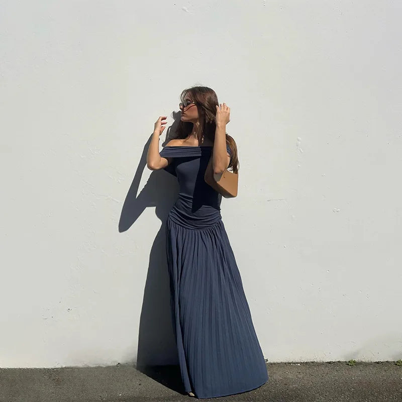Sexy Elegant Women Slim Long Dresses Vintage Backless High Waist Pleated A Line Maxi Dress Summer Female Holiday Party Robe