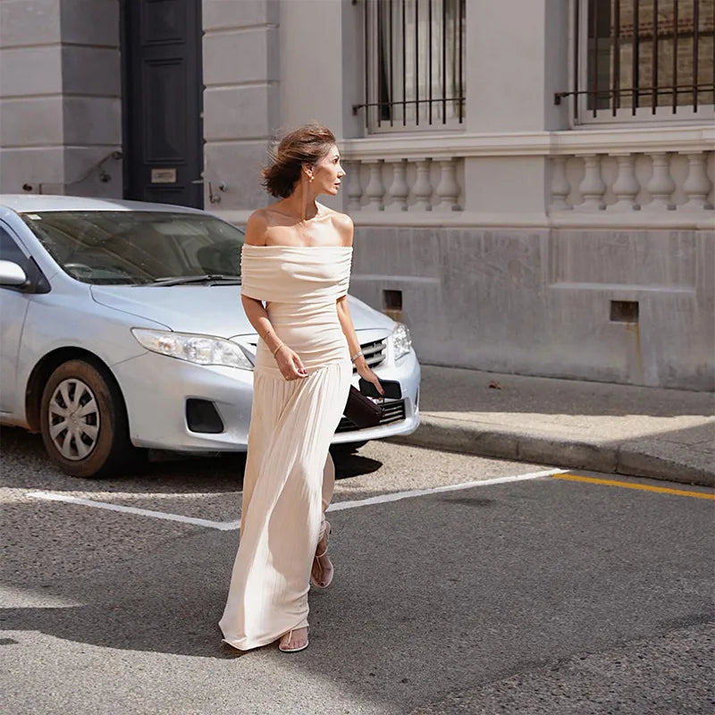 Sexy Elegant Women Slim Long Dresses Vintage Backless High Waist Pleated A Line Maxi Dress Summer Female Holiday Party Robe