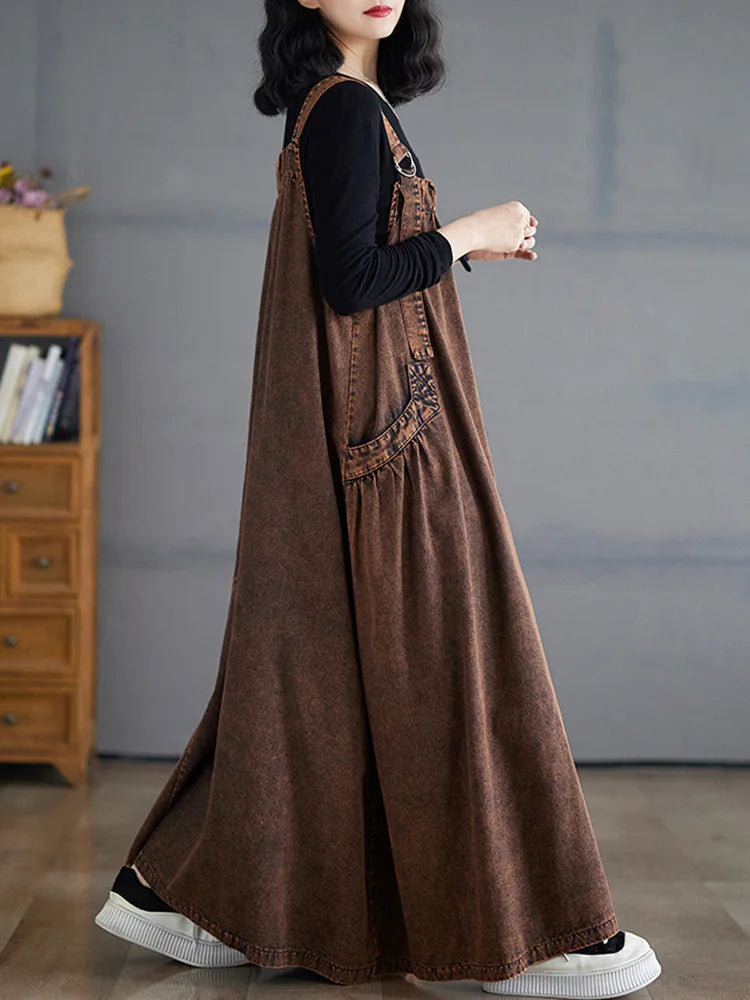 SHENGPALAE Denim Dress Women Square Collar Sleeveless Spliced Pockets Vintage Style New 2024 Fashion Female Long Dresses 5C1730