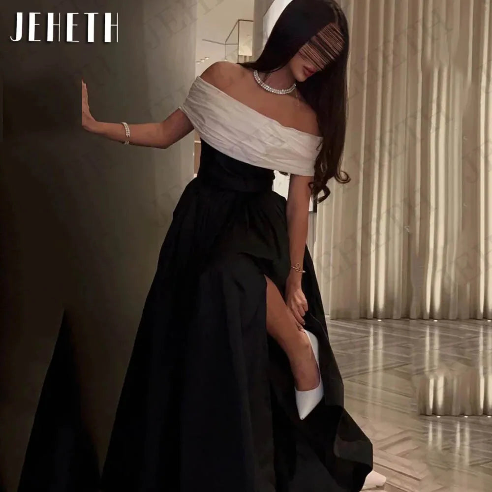 JEHETH Black Evening Dresses Woman Elegant Satin Split Prom Dress Off Shoulder A Line Formal Event Gowns Customized فساتين سهرة