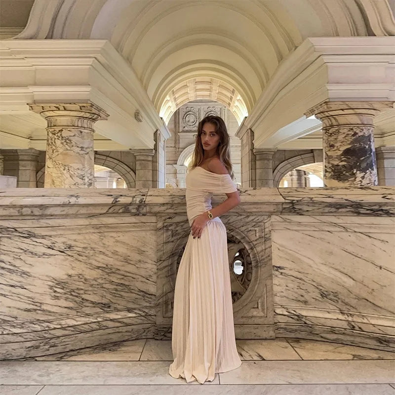 Sexy Elegant Women Slim Long Dresses Vintage Backless High Waist Pleated A Line Maxi Dress Summer Female Holiday Party Robe