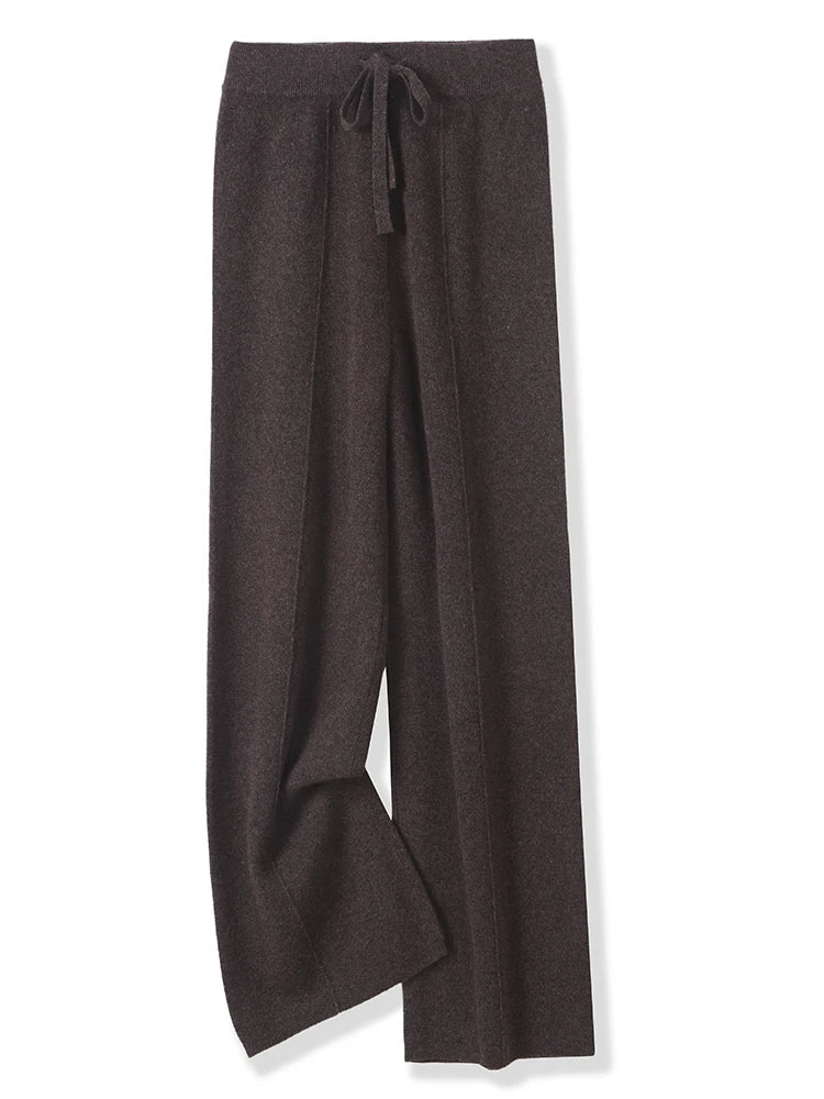 100% Merino Wool Pants Women Autumn Winter Casual Wide Leg Trousers Middle Seam Style Knitted Cashmere Soft Lace-up Trendy Pants