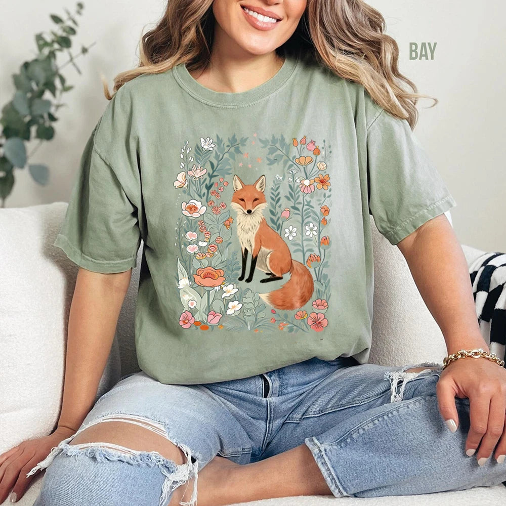 Woodland Lover Gift for Her Cute Flower Fox Shirt Vintage Floral Cottagecore Unisex Tee Funny Apparel Trendy Casual Streetwear