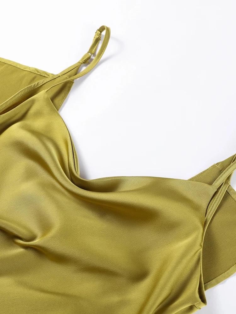 Fashion Satin Ruffles Sling Maxi Dress For Women Elegant Side Split Long Dress 2025 Sexy Backless Sleeveless Club Female Vestido