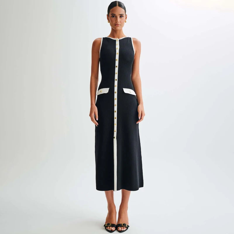 Fashion Knitted Long Dress For Women Elegant Sleeveless Button Maxi Sweater Bodycon Dresses Female Party Fashion Vestidos 2024 N