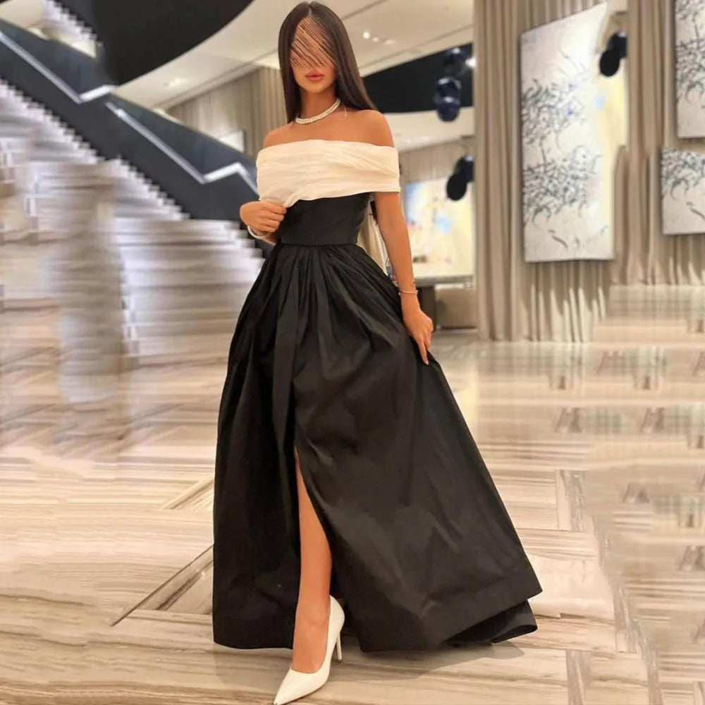 JEHETH Black Evening Dresses Woman Elegant Satin Split Prom Dress Off Shoulder A Line Formal Event Gowns Customized فساتين سهرة
