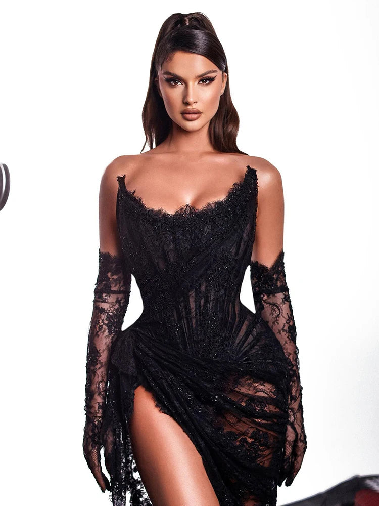 VC Black Lace Maxi Dress Women Sexy Strapless Long Sleeve Gloves Design High Split Party Dresses Gowns