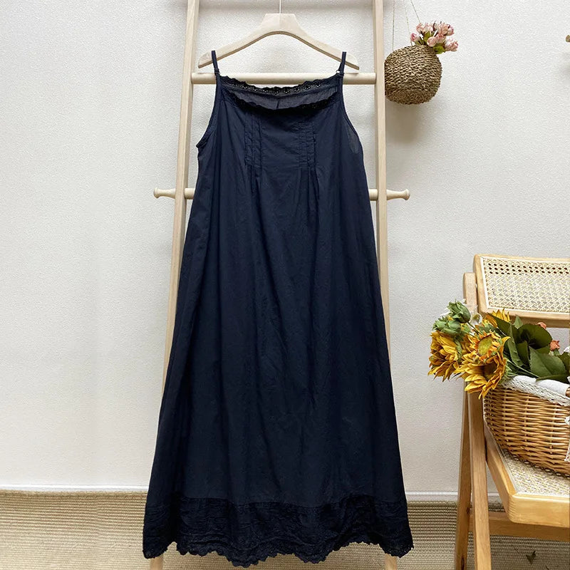 Johnature 2024 Summer New Japanese Casual Spaghetti Strap Thin All Match Dress For Women Solid Color Cotton Female Dresses