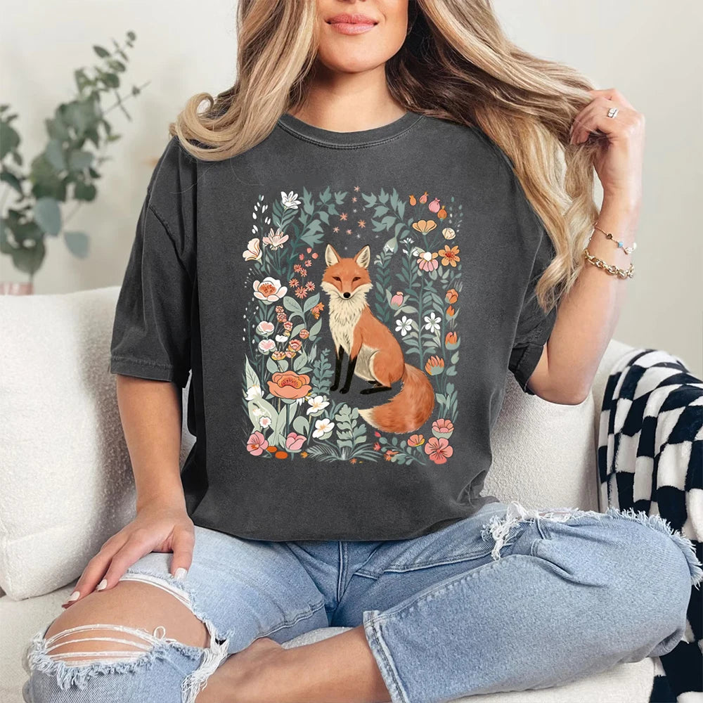 Woodland Lover Gift for Her Cute Flower Fox Shirt Vintage Floral Cottagecore Unisex Tee Funny Apparel Trendy Casual Streetwear