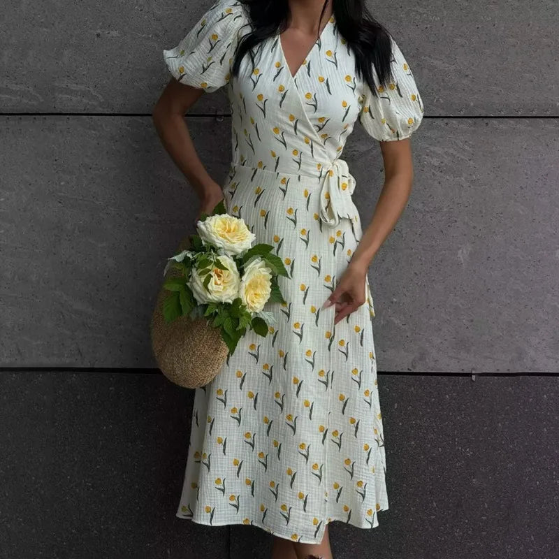 Talenza Casual Women's Summer Dress Elegant V Neck Floral Print A Line Midi Dress Side Slit Long Elegant White Dress Women 2025