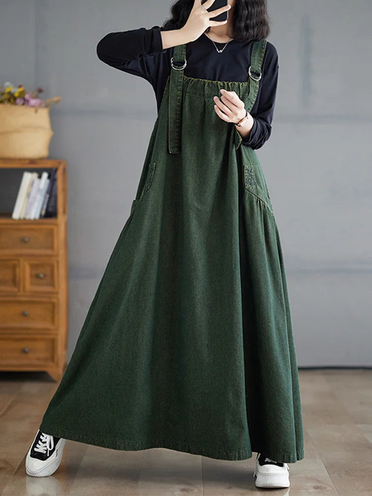 SHENGPALAE Denim Dress Women Square Collar Sleeveless Spliced Pockets Vintage Style New 2024 Fashion Female Long Dresses 5C1730