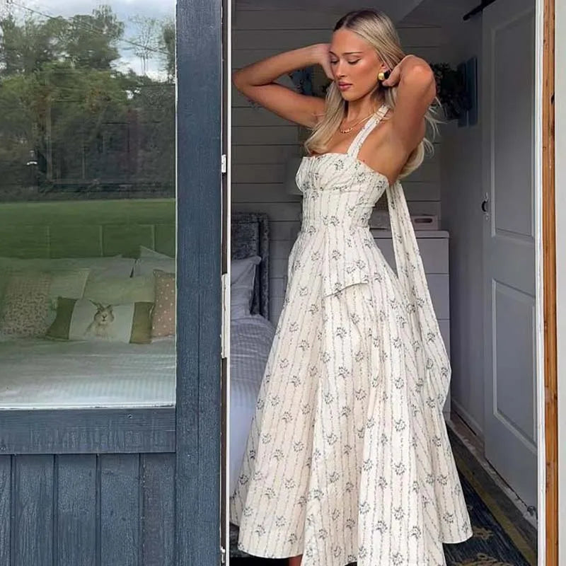 YENKYE Elegant Halter A-line Midi Long Floral Print Dress Women Cotton Holiday Summer Sexy Backless Dresses Party Robe 2025