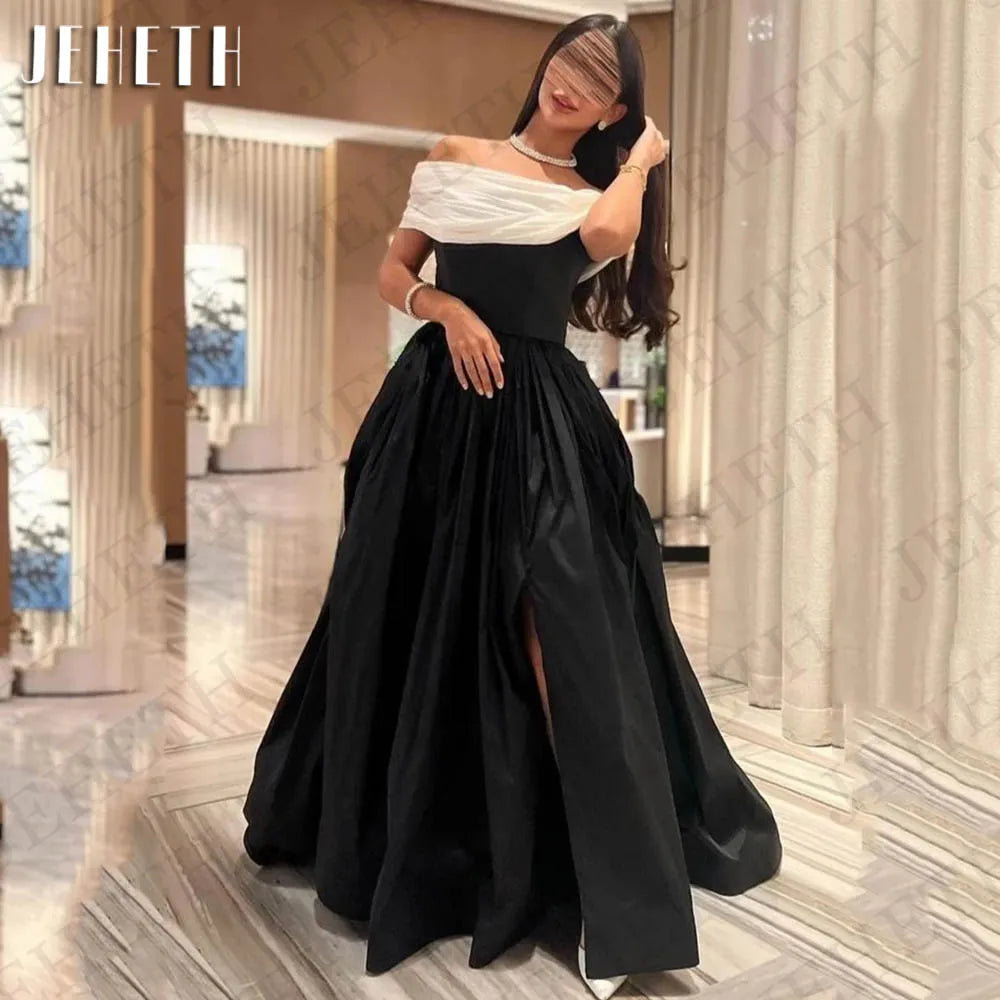 JEHETH Black Evening Dresses Woman Elegant Satin Split Prom Dress Off Shoulder A Line Formal Event Gowns Customized فساتين سهرة