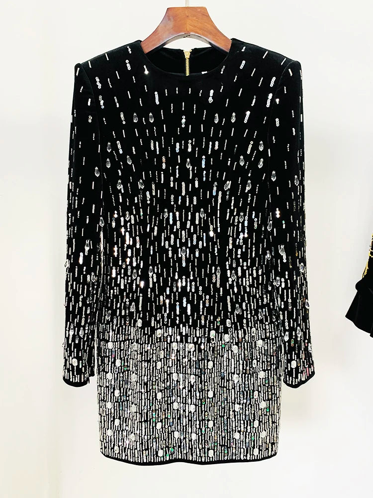 HIGH STREET Newest Fashion 2026 Designer Women's Long Sleeve Luxurious Sequined Crystal Beaded Velvet Mini Dress