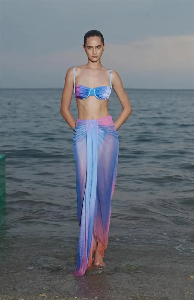 2025 New Gradient 3 Pieces Bikini Sexy Women Swimsuit Swimwear Female Long Dress Cover Up Bikini Set Beachwear Bathing Suit