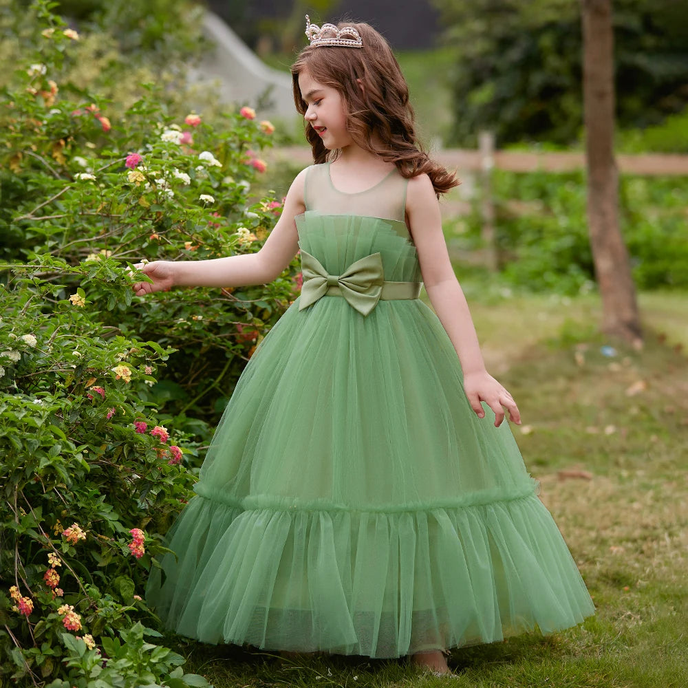 Fluffy White Girls Bridemaid Dress Christmas Bow Tulle Wedding Princess Kids Party Dresses for Girl Pageant First Communion Gown