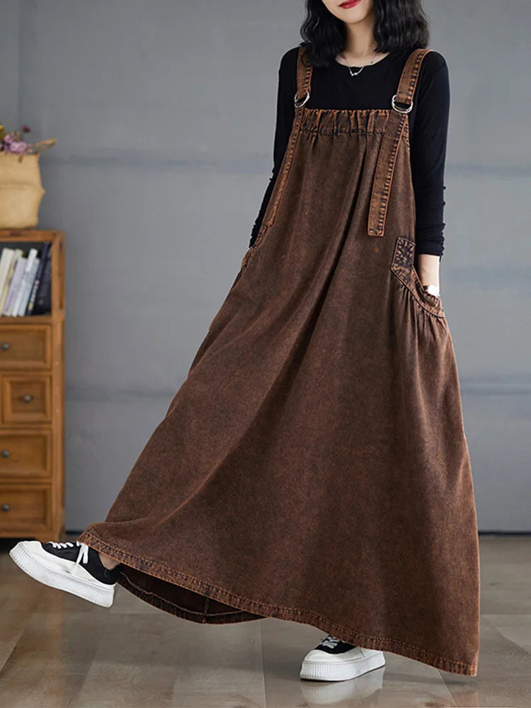 SHENGPALAE Denim Dress Women Square Collar Sleeveless Spliced Pockets Vintage Style New 2024 Fashion Female Long Dresses 5C1730