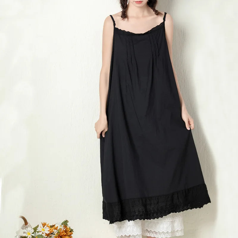 Johnature 2024 Summer New Japanese Casual Spaghetti Strap Thin All Match Dress For Women Solid Color Cotton Female Dresses