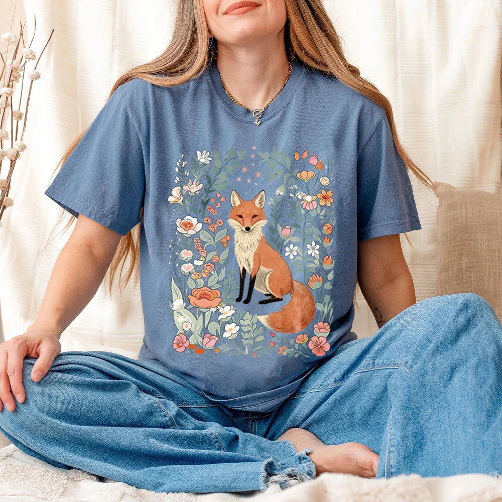 Woodland Lover Gift for Her Cute Flower Fox Shirt Vintage Floral Cottagecore Unisex Tee Funny Apparel Trendy Casual Streetwear