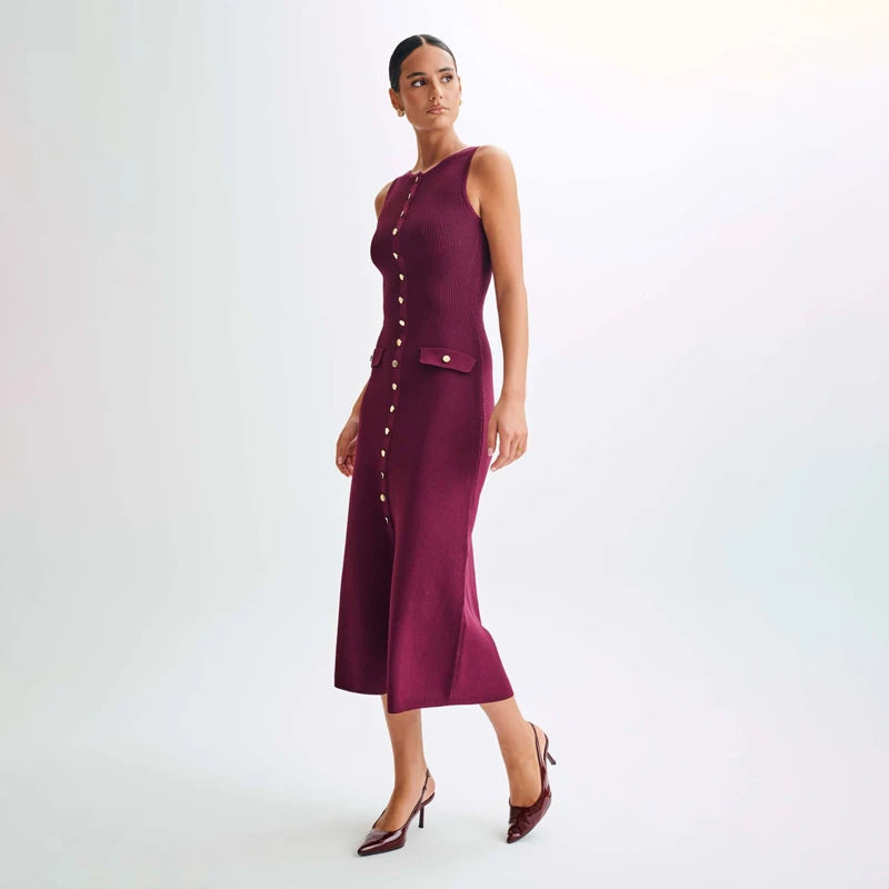 Fashion Knitted Long Dress For Women Elegant Sleeveless Button Maxi Sweater Bodycon Dresses Female Party Fashion Vestidos 2024 N