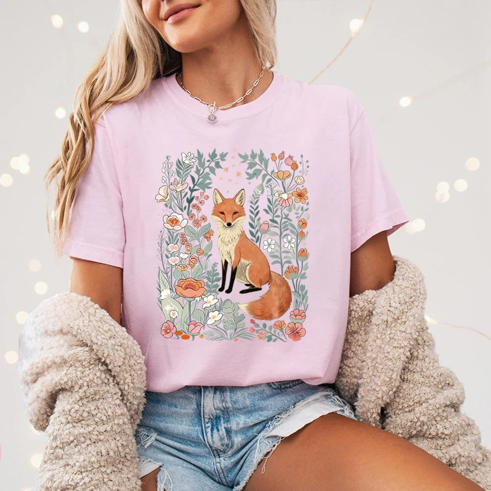 Woodland Lover Gift for Her Cute Flower Fox Shirt Vintage Floral Cottagecore Unisex Tee Funny Apparel Trendy Casual Streetwear