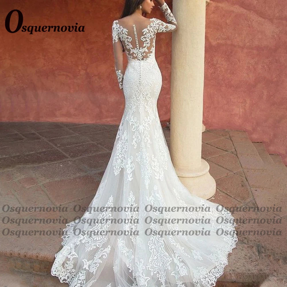 Osquernovia Elegant Mermaid Wedding Dress Full Sleeves Sweetheart Button Vestidos De Novia Lace Tulle Appliques Robe De Mariee