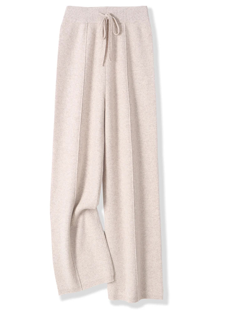 100% Merino Wool Pants Women Autumn Winter Casual Wide Leg Trousers Middle Seam Style Knitted Cashmere Soft Lace-up Trendy Pants