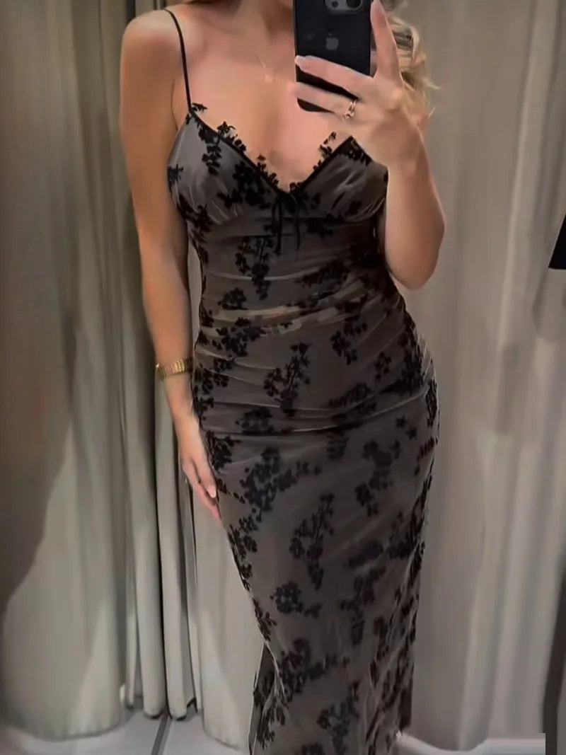 New Fashion Vintage Sleeveless Long Dress for Women Spring New Women Bodycon V-neck Burned Flower Printing Patchwork Midi Dress