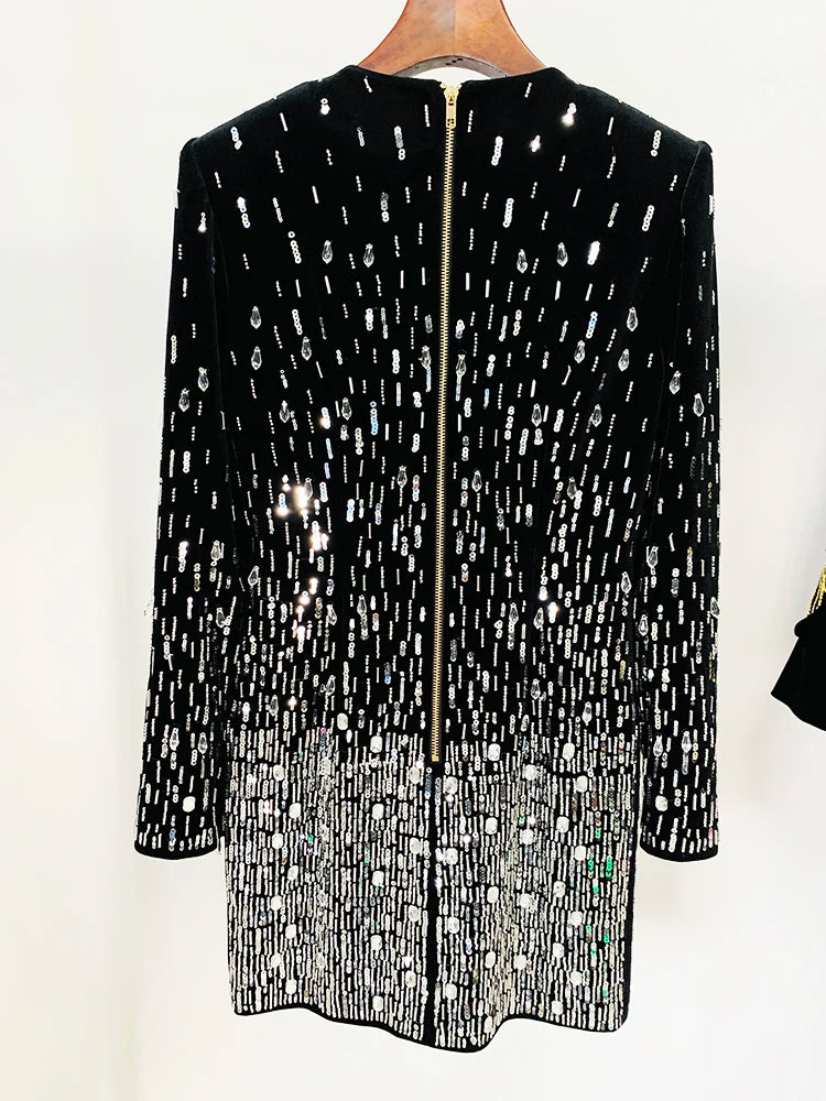 HIGH STREET Newest Fashion 2026 Designer Women's Long Sleeve Luxurious Sequined Crystal Beaded Velvet Mini Dress