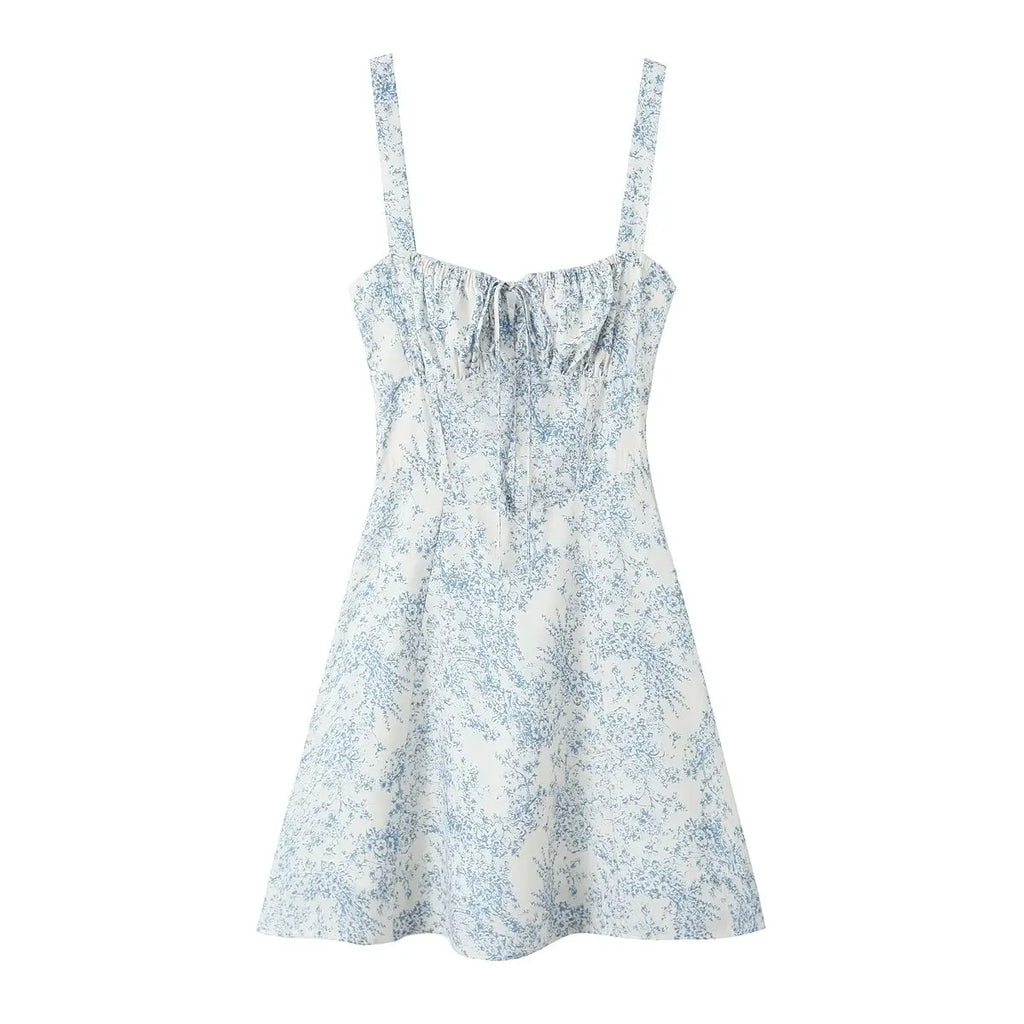 YENKYE New Women French Style Floral Print Sling Short Dress Lace Up Bandage Back A-line  Summer Dress Holiday Robe