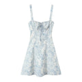 YENKYE New Women French Style Floral Print Sling Short Dress Lace Up Bandage Back A-line  Summer Dress Holiday Robe