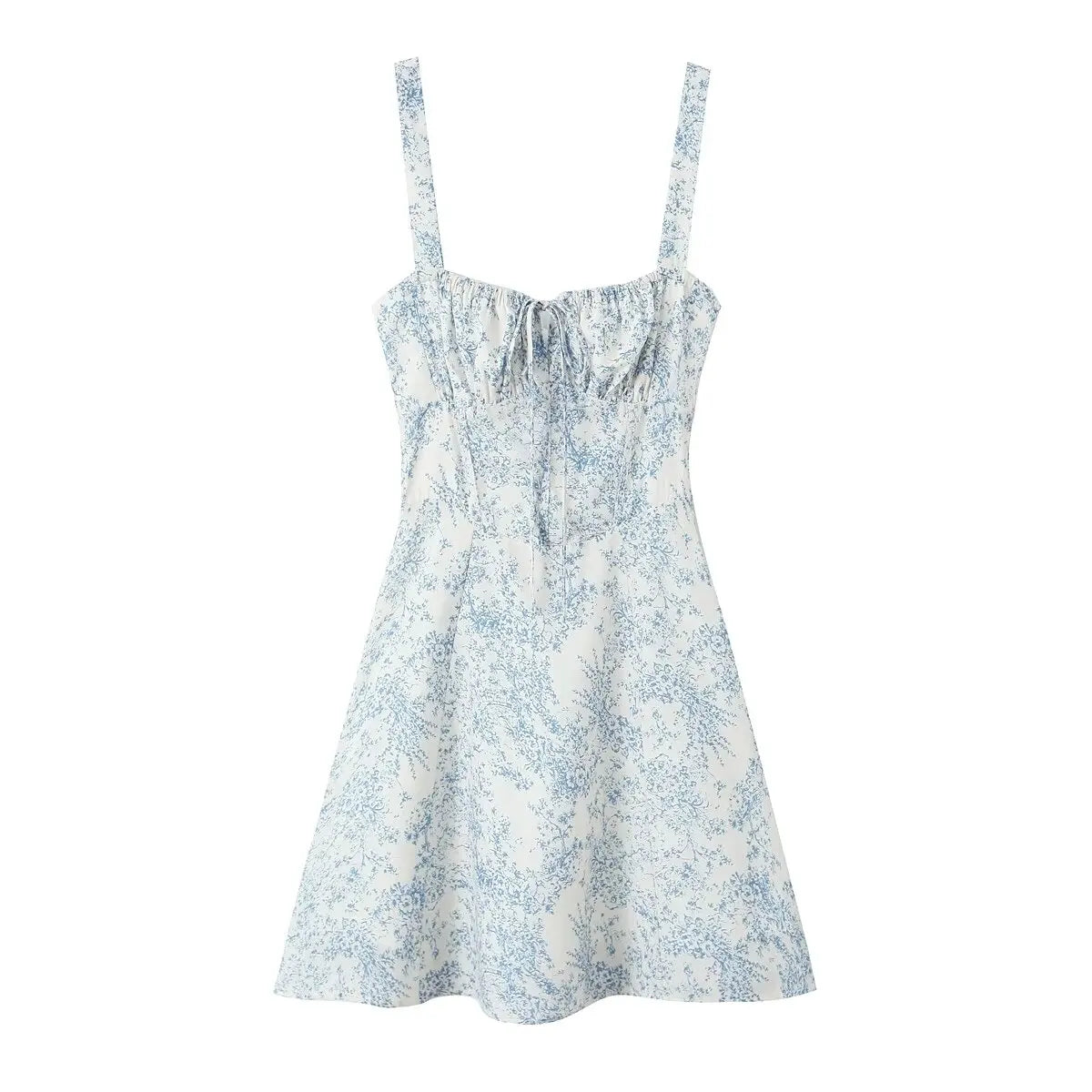 YENKYE New Women French Style Floral Print Sling Short Dress Lace Up Bandage Back A-line  Summer Dress Holiday Robe