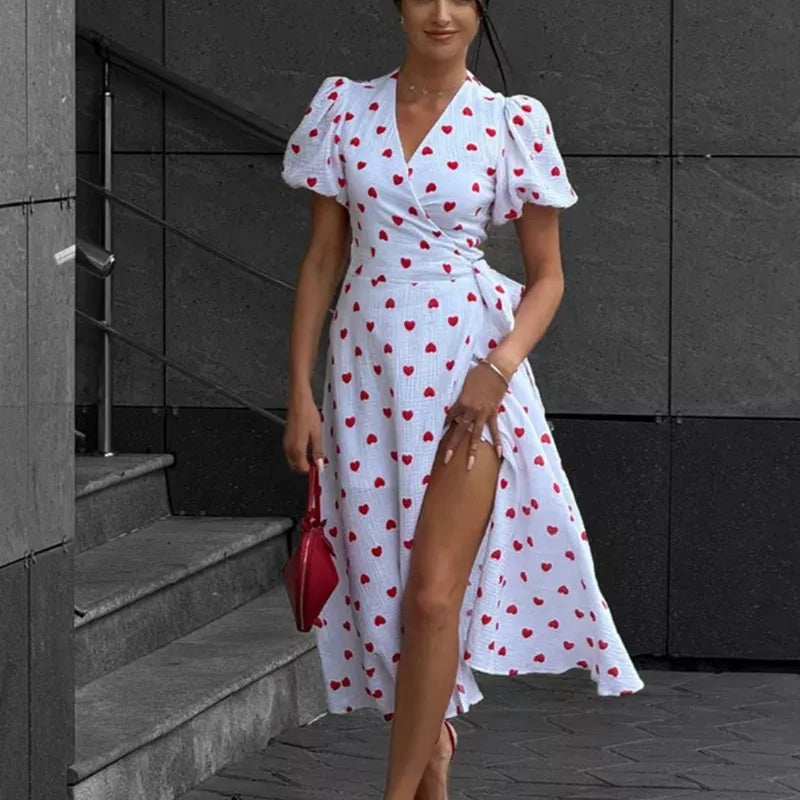 Talenza Casual Women's Summer Dress Elegant V Neck Floral Print A Line Midi Dress Side Slit Long Elegant White Dress Women 2025